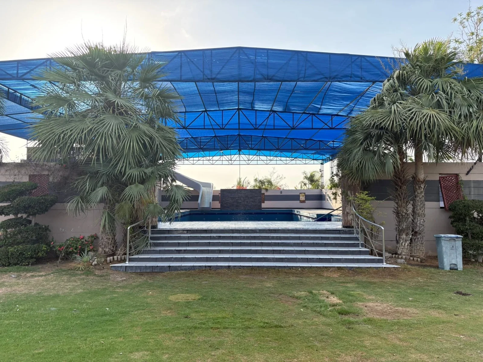 Pool with wide steps and palms