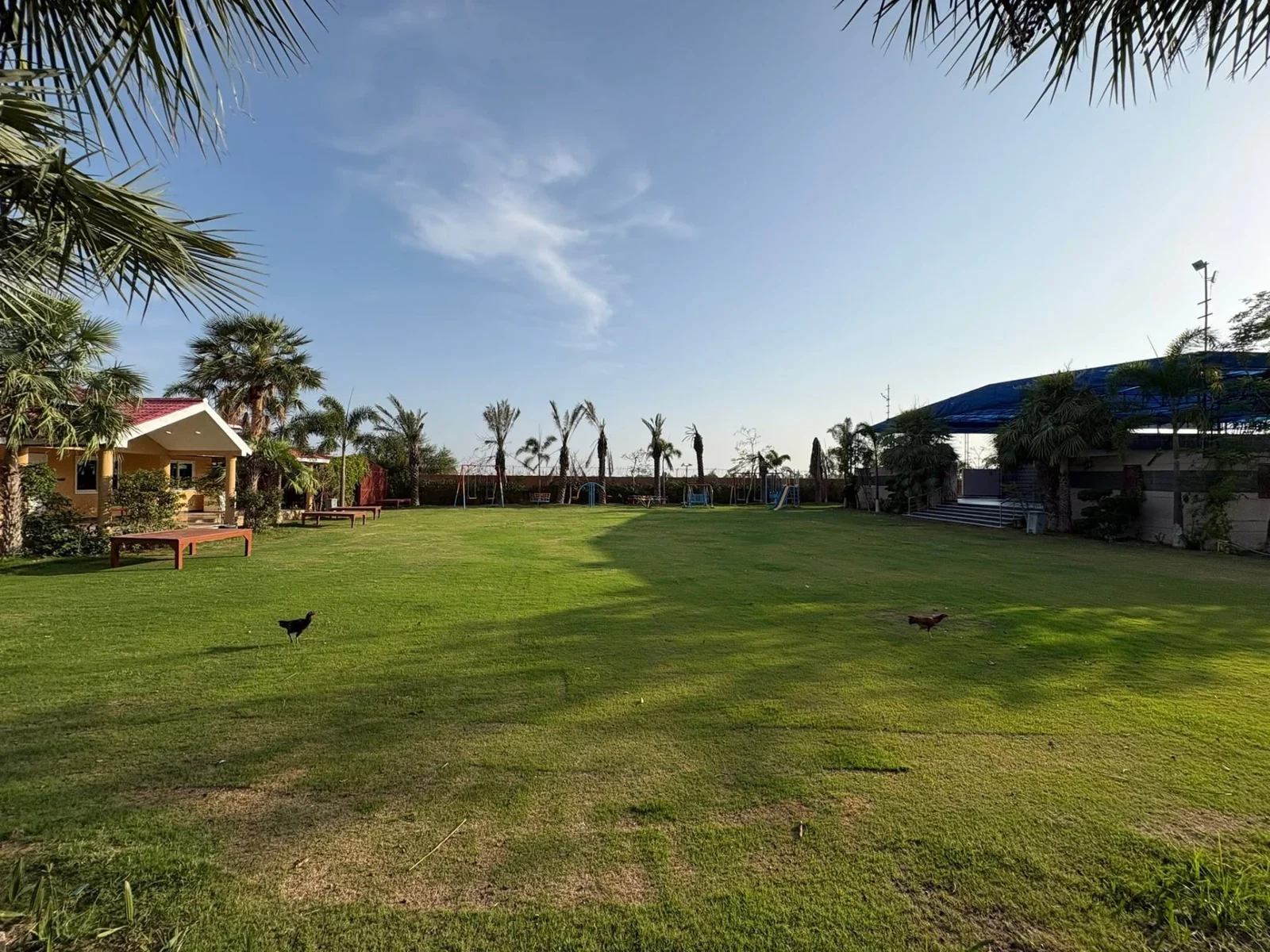 Green lawn and outdoor seating at Rufi Farm House